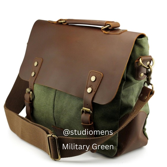 NEW Genuine Leather Canvas Messenger Bag - Picture 2 of 16